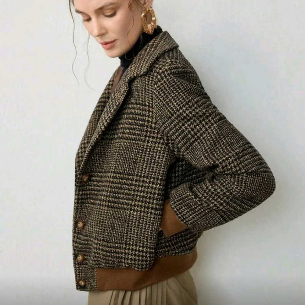 New Autumn/Winter Woven Turndown Collar Plaid Elegant Long Sleeve Casual Jacket - Picture 3 of 7